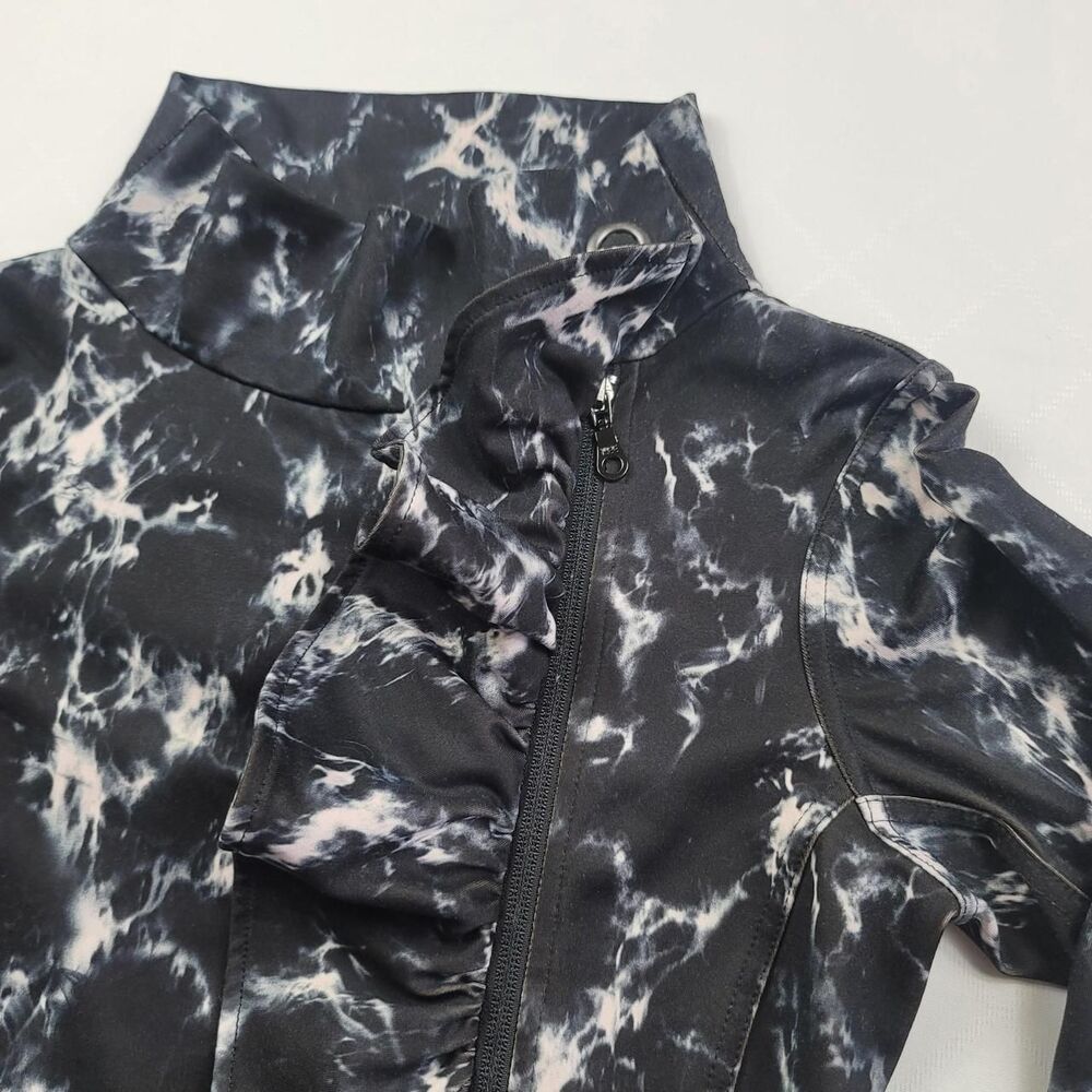 Karma Athletics Ruffle Zip Jacket Thumbholes Black White Women's S